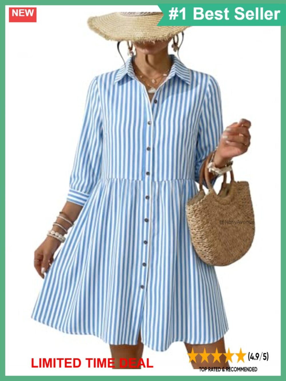 Women's Babydoll Mini Dress 3/4 Sleeve Button Down V-Neck Tiered Sundress